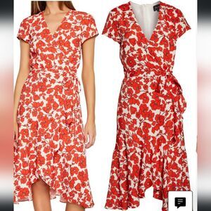 BARDOT Fiesta Red Floral Faux Wrap Dress orange floral 10 Medium